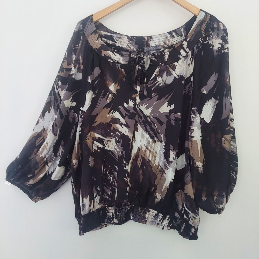 Covington Womens Blouse XL Black Brown Silky Popover Top Short Sleeve